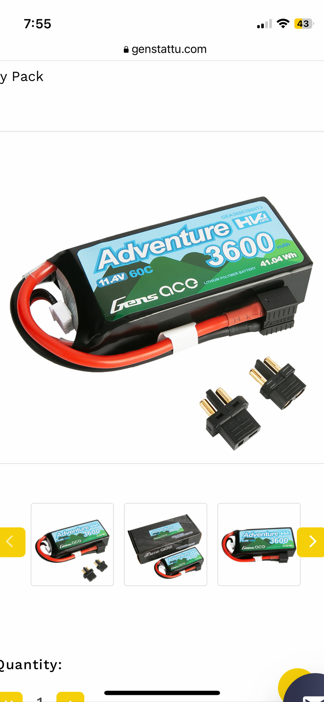 Gens Ace Adventure High Voltage 3600mAh 3S1P 11.4V 60C Lipo Battery With Deans And XT60 Adapter